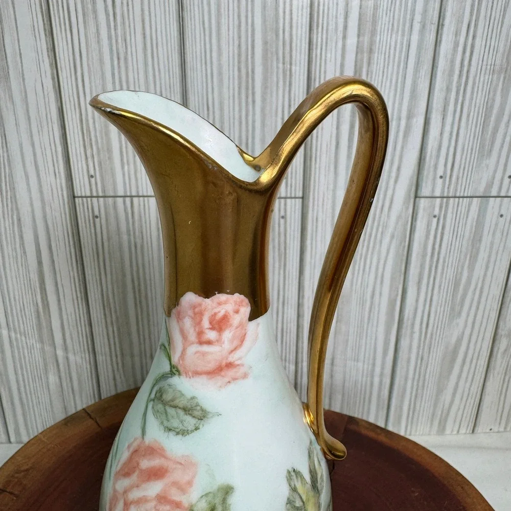 Vtg 1975 A.C. Perry Hand Painted Porcelain Rose Ewer Pitcher Bud Vase Gold Trim